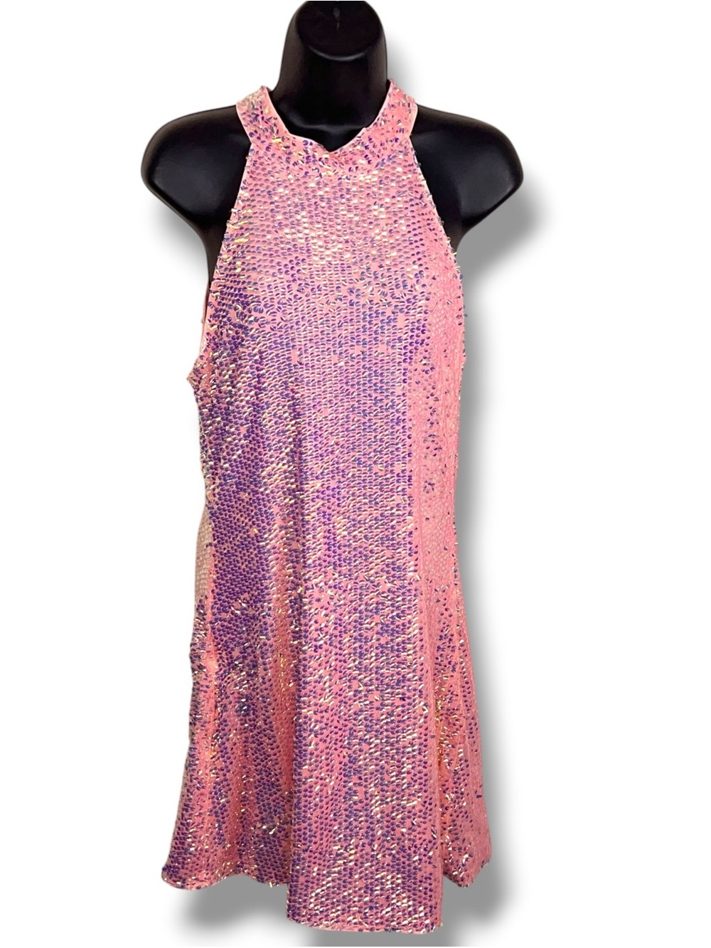 Small Pink Sequin Dress Halter Neckline Party Event Sleeveless Lined Stretch